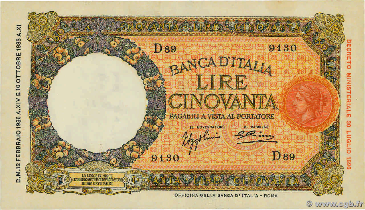 50 Lire ITALY  1936 P.054a AU-