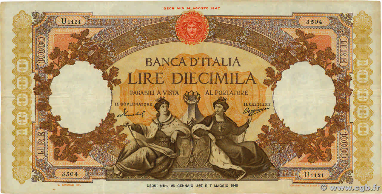 10000 Lire ITALY  1957 P.089c F+