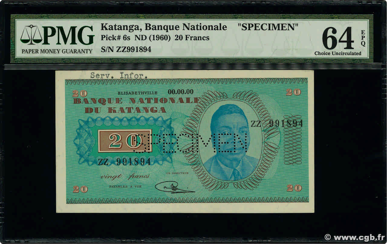 20 Francs Spécimen KATANGA  1960 P.06s fST+