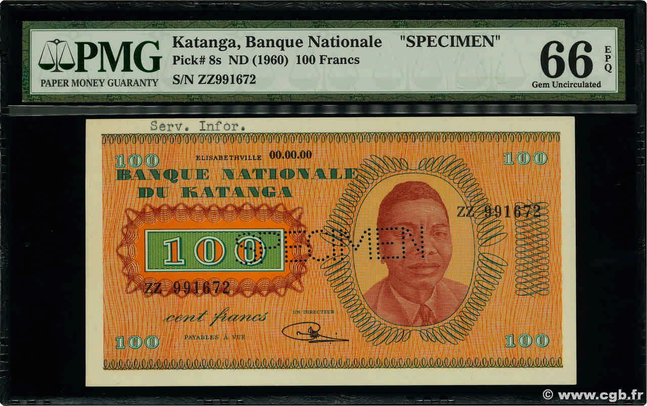 100 Francs Spécimen KATANGA  1960 P.08s FDC