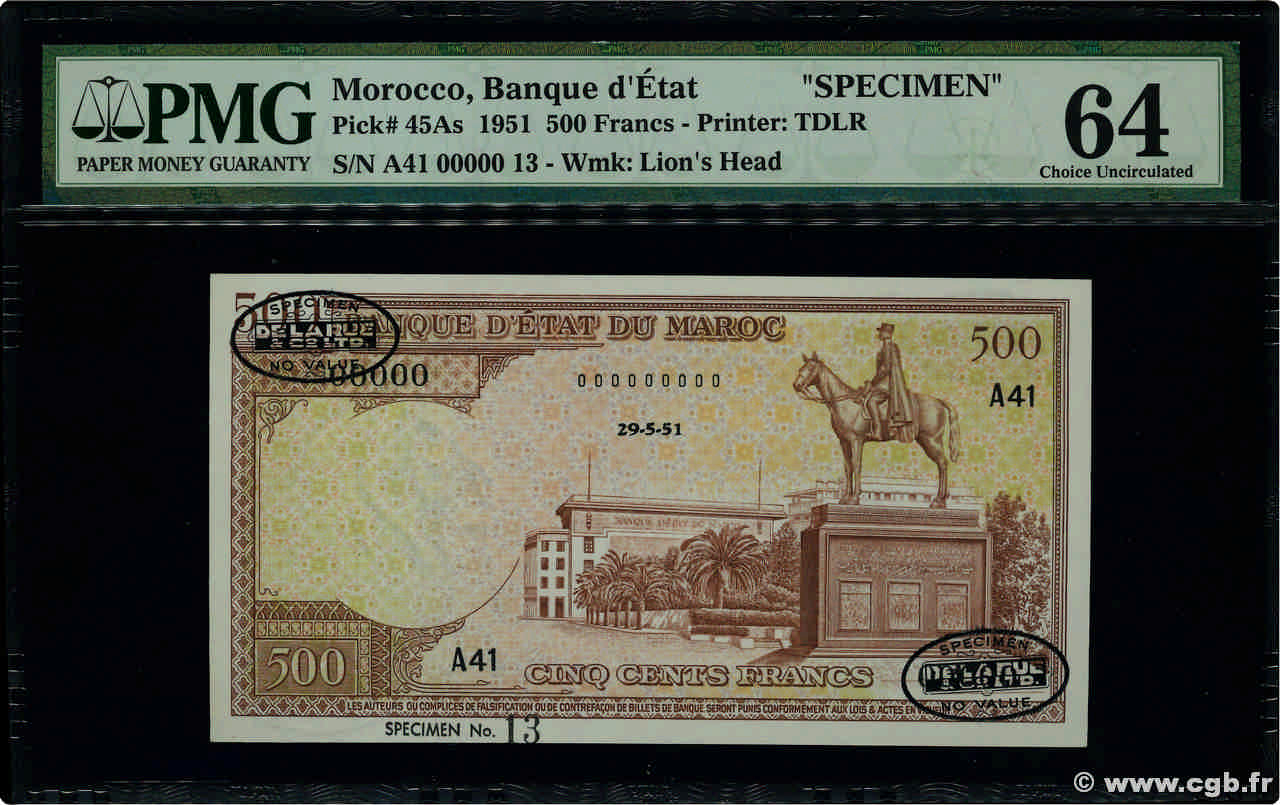 500 Francs Lyautey non émis Spécimen MAROC  1951 P.45As pr.NEUF