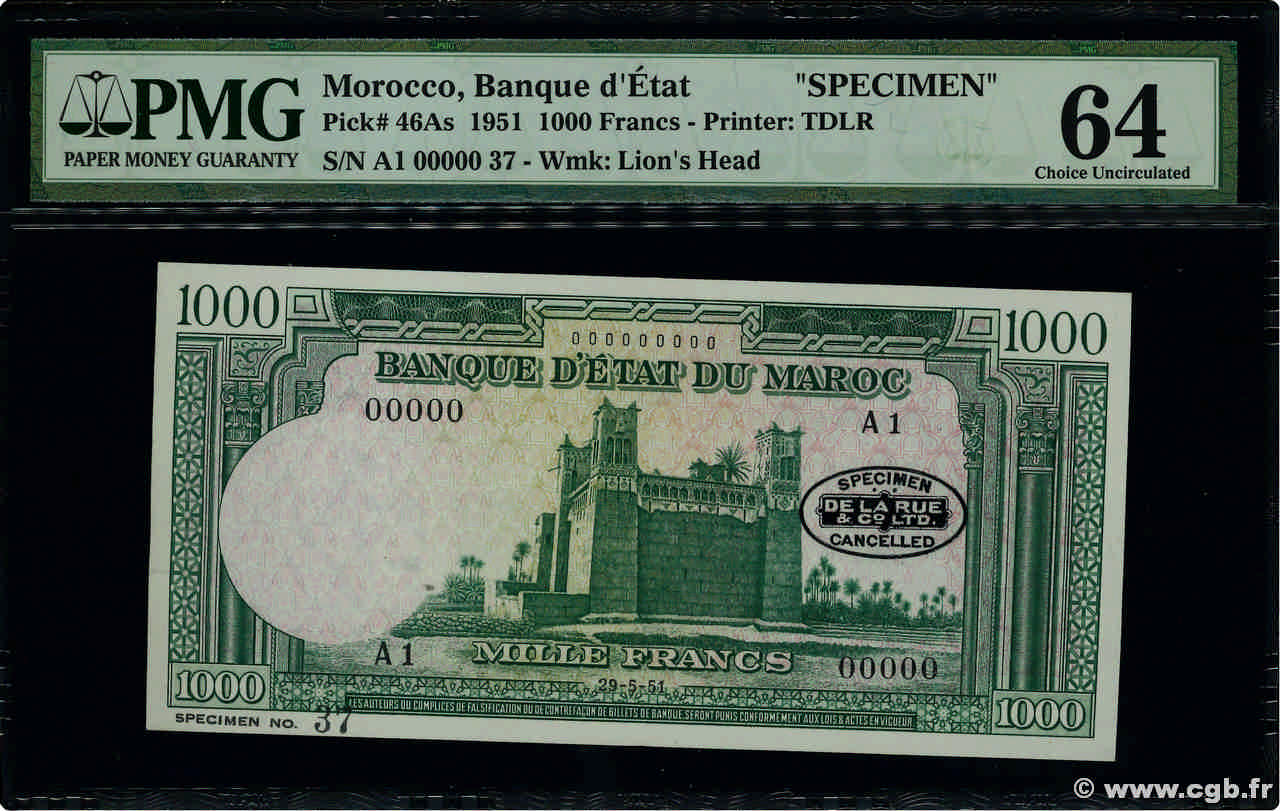 1000 Francs Ouarzazate non émis Spécimen MAROKKO  1951 P.46As fST+