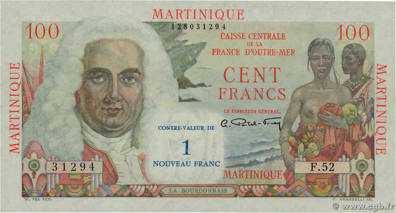 1 NF sur 100 Francs La Bourdonnais MARTINIQUE  1960 P.37 UNC-