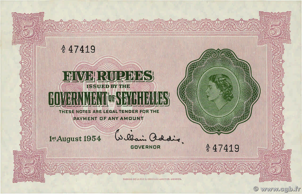 5 Rupees SEYCHELLES  1954 P.11a AU+