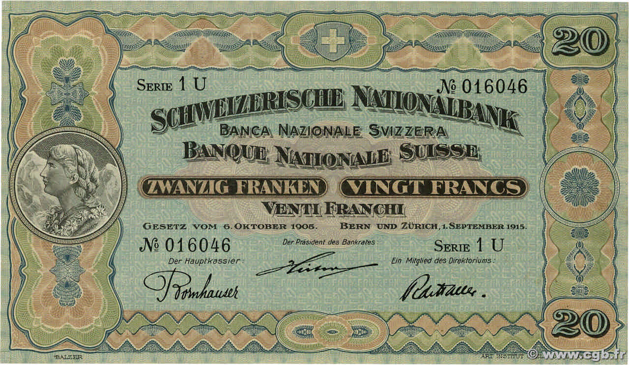 20 Francs SUISSE  1915 P.12b SPL