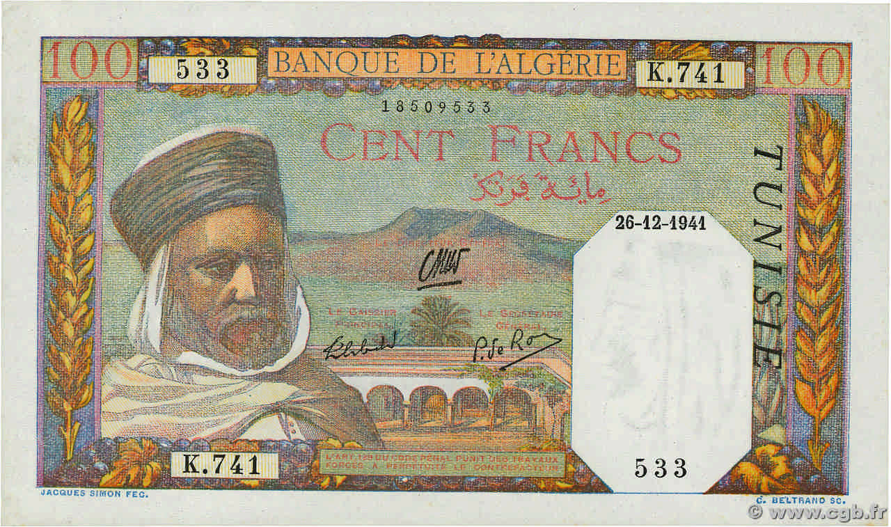 100 Francs TUNISIA  1941 P.13a AU-