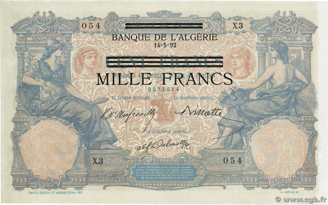 1000 Francs sur 100 Francs Non émis TUNISIE  1942 P.31 pr.NEUF