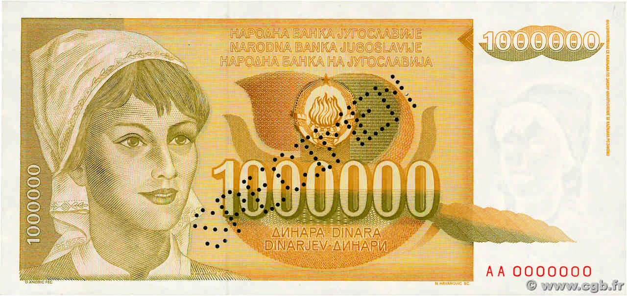 1000000 Dinara Spécimen YUGOSLAVIA  1989 P.099s SC