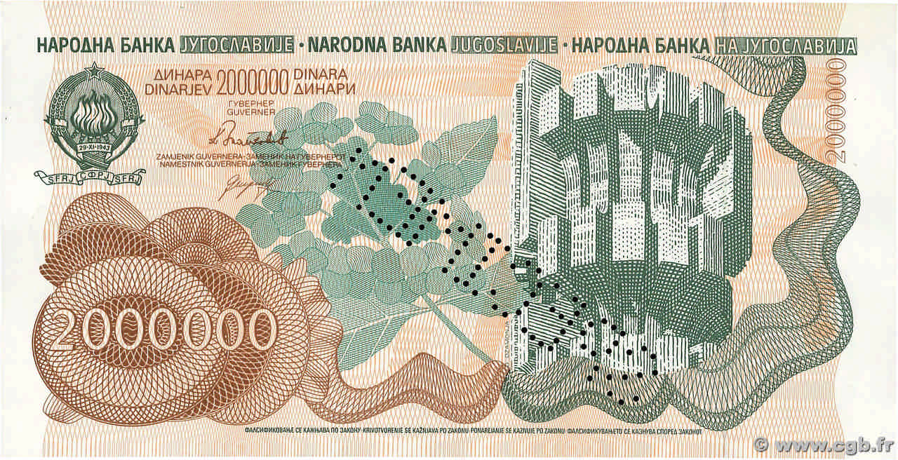 2000000 Dinara Spécimen YUGOSLAVIA  1989 P.100s q.FDC
