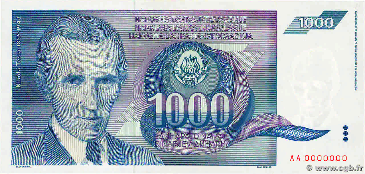 1000 Dinara Spécimen YUGOSLAVIA  1991 P.110s SC+