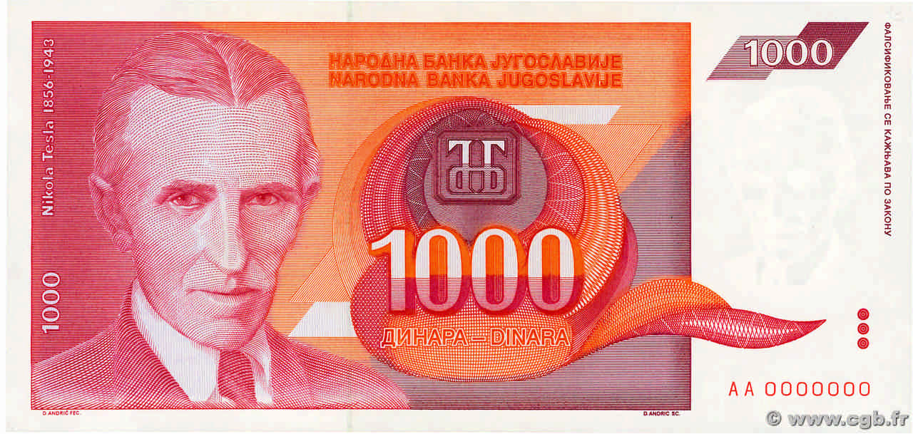 1000 Dinara Spécimen YUGOSLAVIA  1992 P.114s SC+