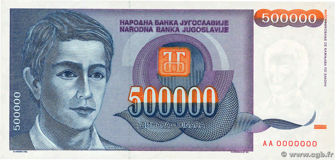 500000 Dinara Spécimen JUGOSLAWIEN  1993 P.119s fST+