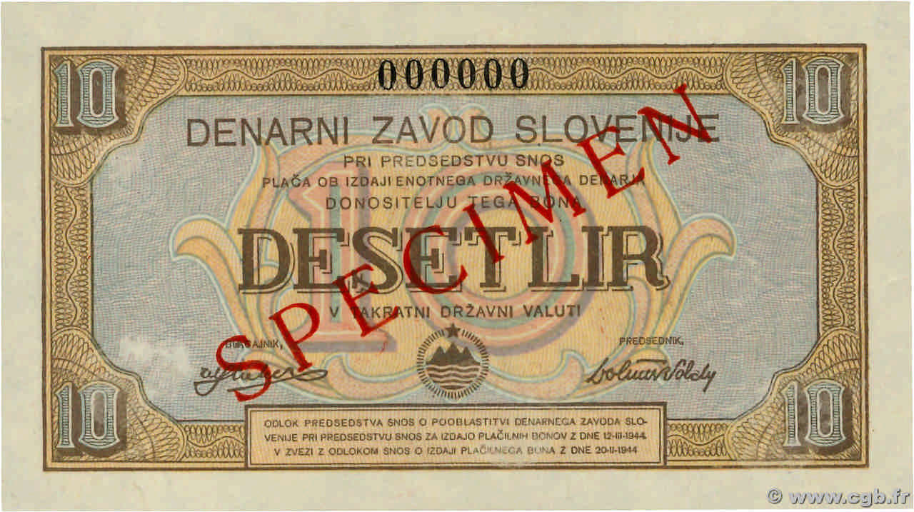 10 Lira Spécimen YUGOSLAVIA  1944 PS.115 UNC