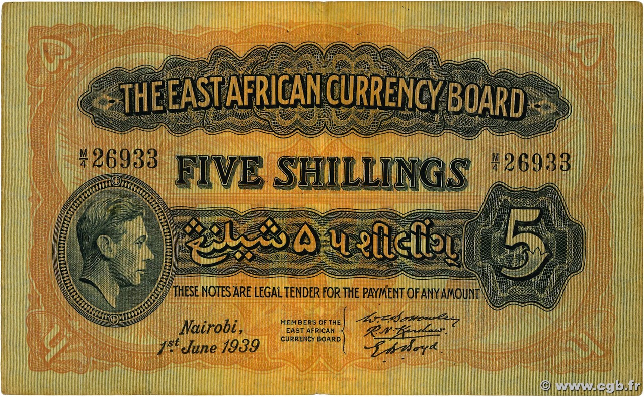 5 Shillings AFRIQUE DE L EST  1939 P.28a TB