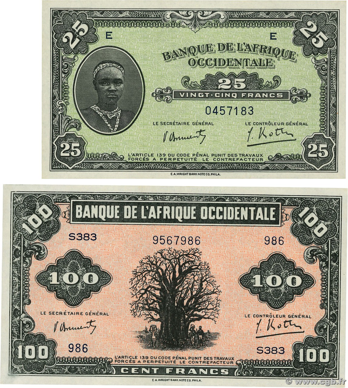 25 et 100 Francs Lot AFRIQUE OCCIDENTALE FRANÇAISE (1895-1958)  1942 P.30a et P.31a pr.NEUF