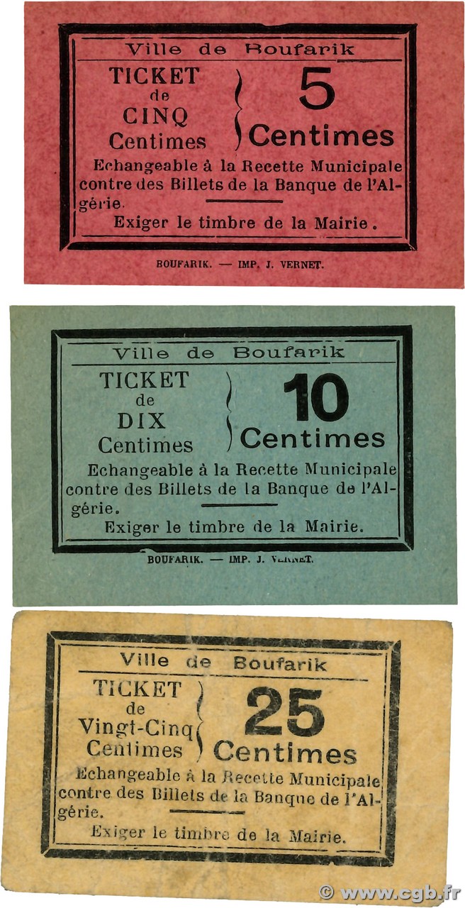 5, 10 et 25 Centimes Lot ALGÉRIE Boufarik 1916 K.198, K.199 et K.202 SUP