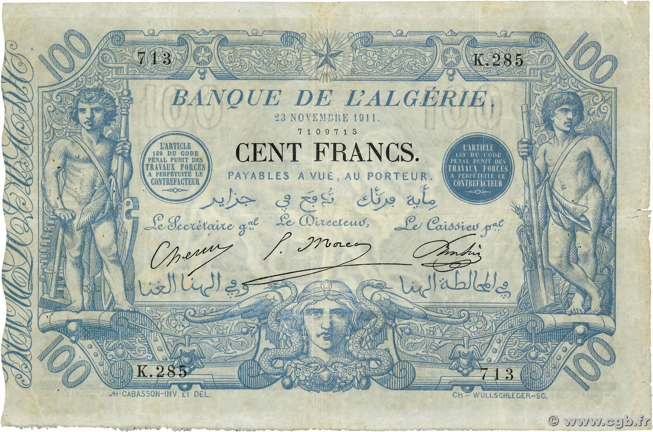 100 Francs  ALGERIA  1911 P.074 F+