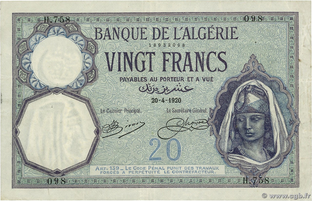 20 Francs ALGÉRIE  1920 P.078a pr.TTB