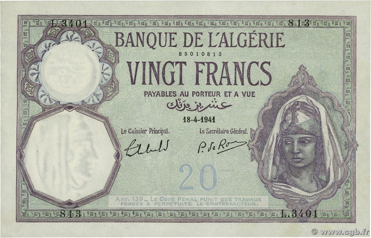 20 Francs ALGÉRIE  1941 P.078c SPL