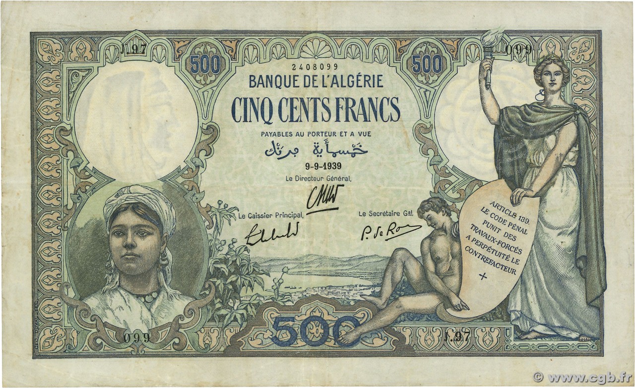 500 Francs ARGELIA  1939 P.082 BC+