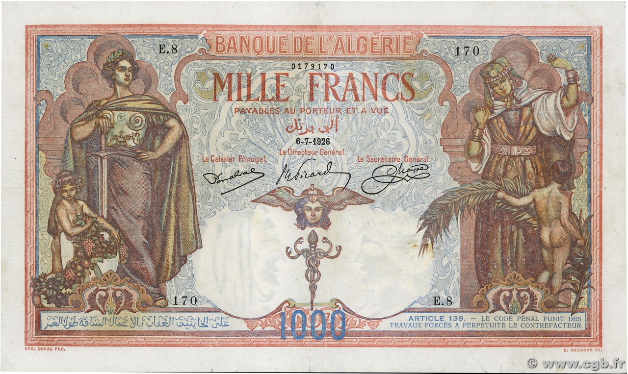 1000 Francs ALGÉRIE  1926 P.083a TTB