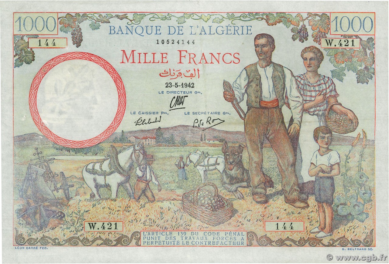 1000 Francs ALGERIEN  1942 P.086 SS