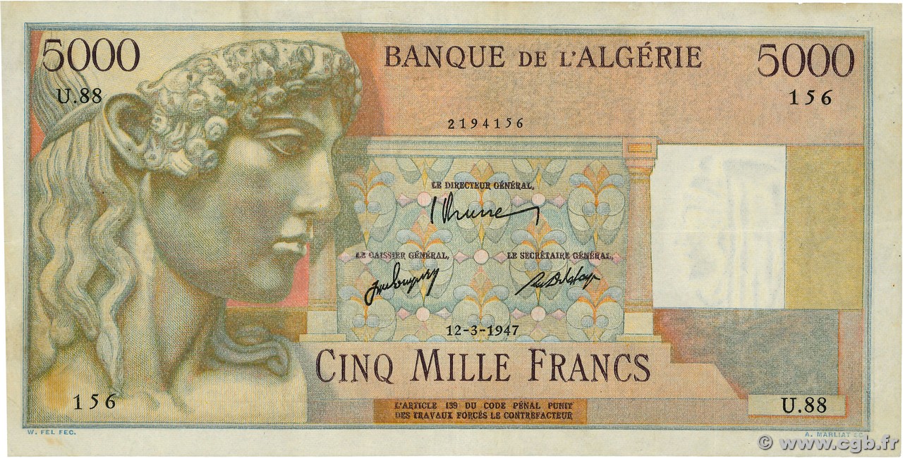 5000 Francs  ALGERIA  1947 P.105 BB