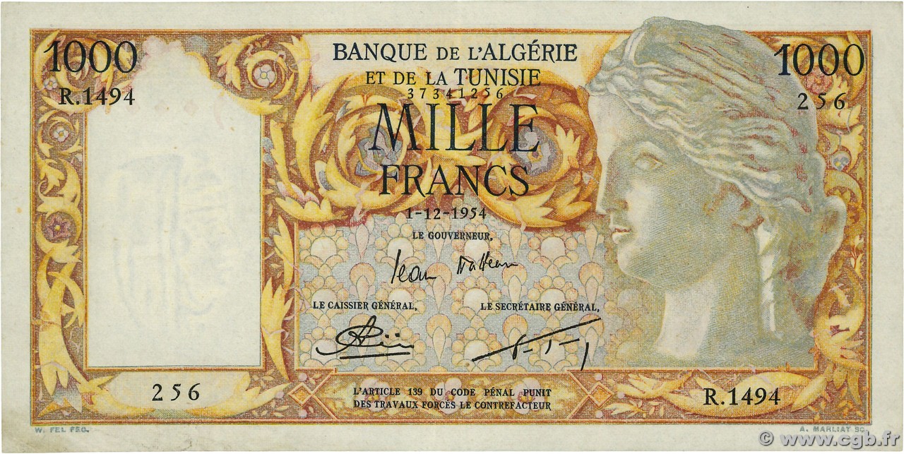 1000 Francs  ALGÉRIE  1954 P.107b TTB