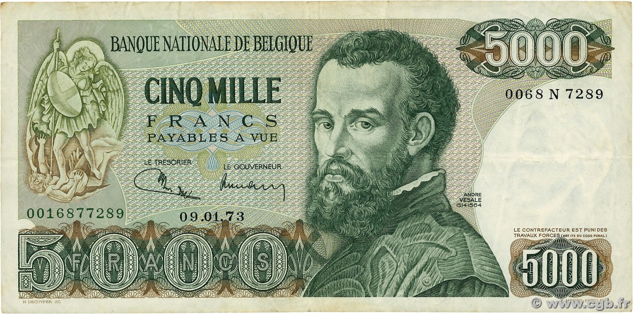 5000 Francs BELGIO  1973 P.137a MB