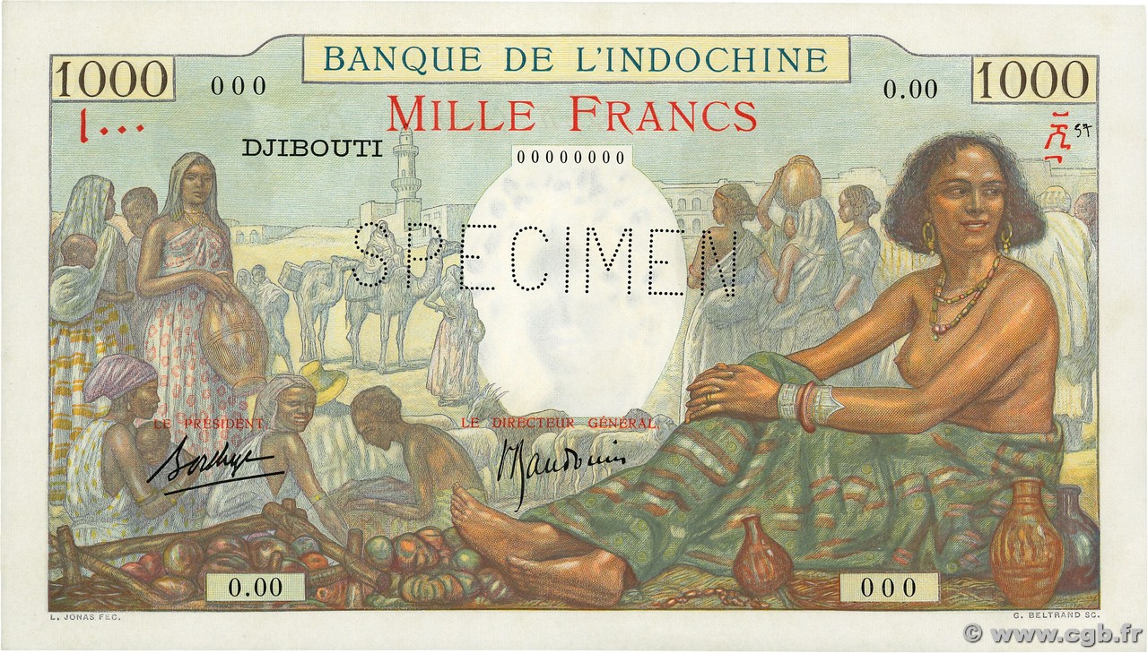 1000 Francs Spécimen DJIBUTI  1938 P.10s AU+