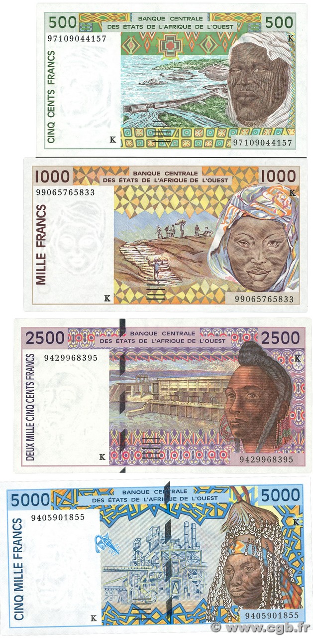 500 au 5000 Francs Lot ÉTATS DE L AFRIQUE DE L OUEST  1994 P.710Kg, P.711Ki, P.712Kc et P.713Kc pr.NEUF