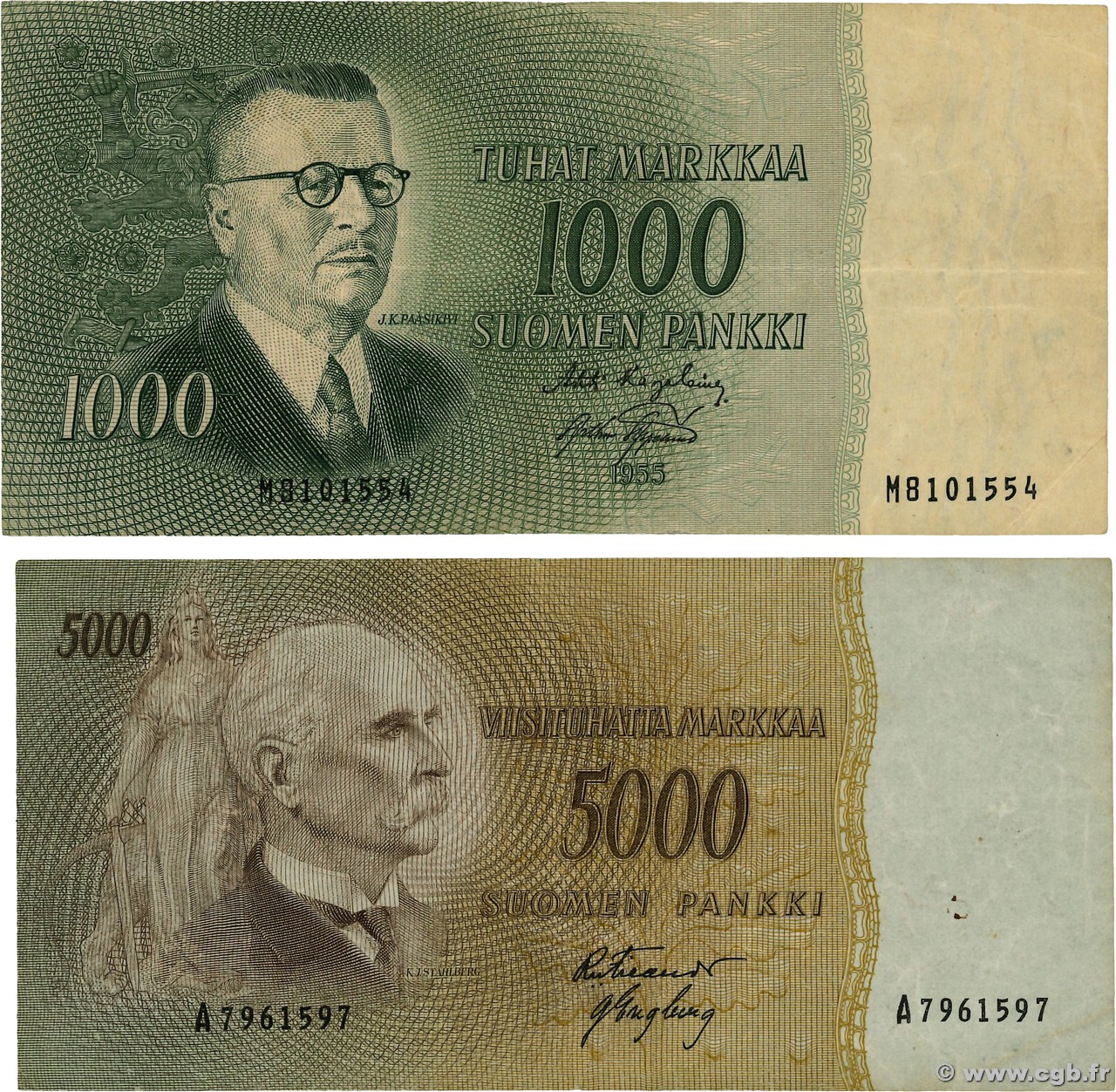 5000 Markkaa Lot FINLANDIA  1955 P.093a et P.094a MB