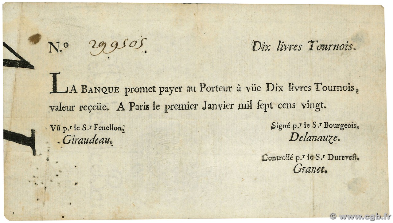10 Livres Tournois typographié FRANCE  1720 Dor.20 pr.TTB