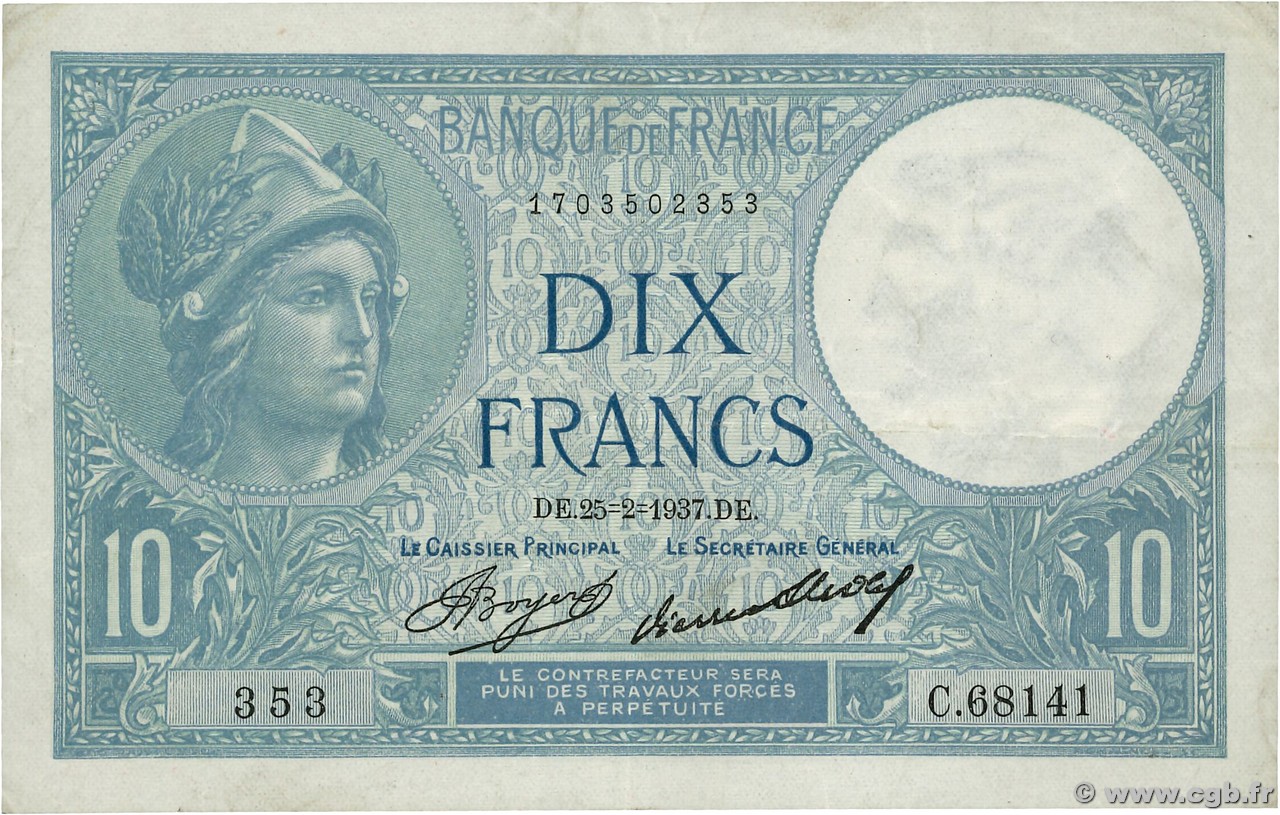 10 Francs MINERVE FRANCE  1937 F.06.18 VF-