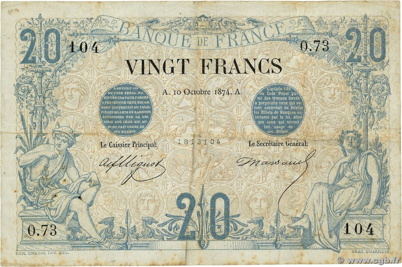 20 Francs NOIR FRANCE  1874 F.09.01 VG