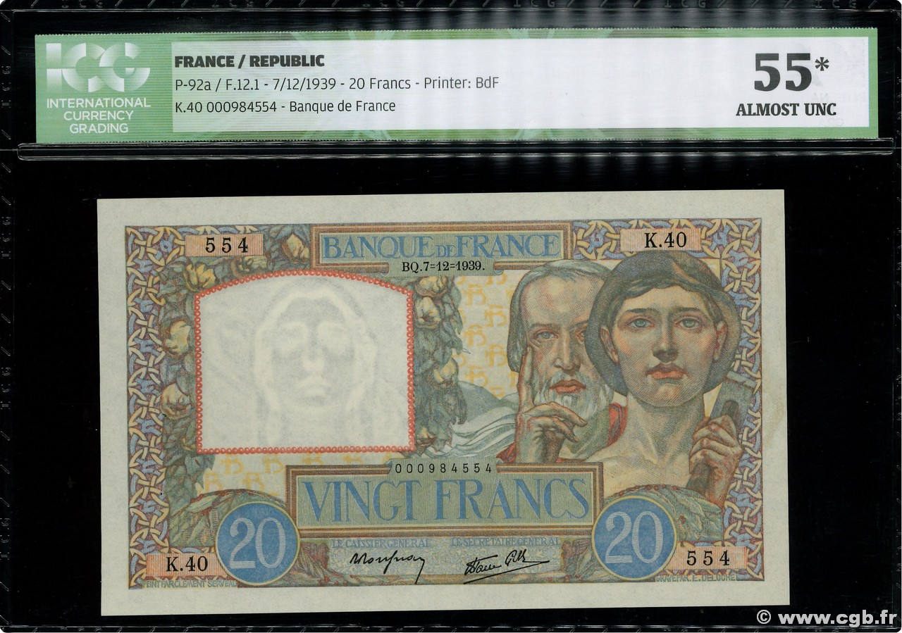 20 Francs TRAVAIL ET SCIENCE FRANCIA  1939 F.12.01 q.AU