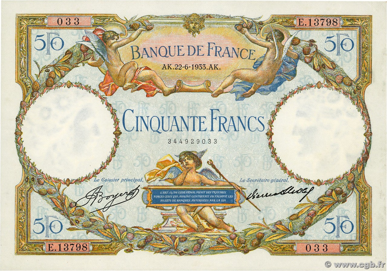 50 Francs LUC OLIVIER MERSON type modifié FRANKREICH  1933 F.16.04 fST