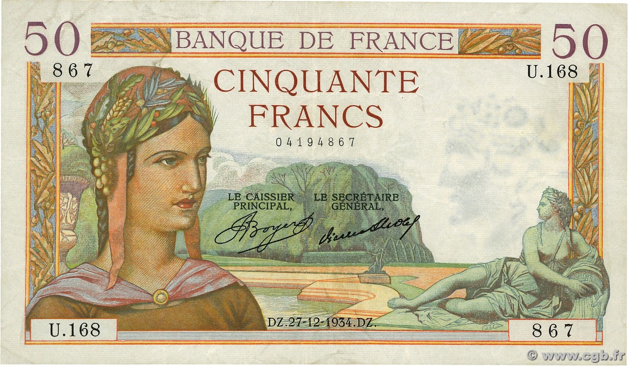 50 Francs CÉRÈS FRANCIA  1934 F.17.02 BC+