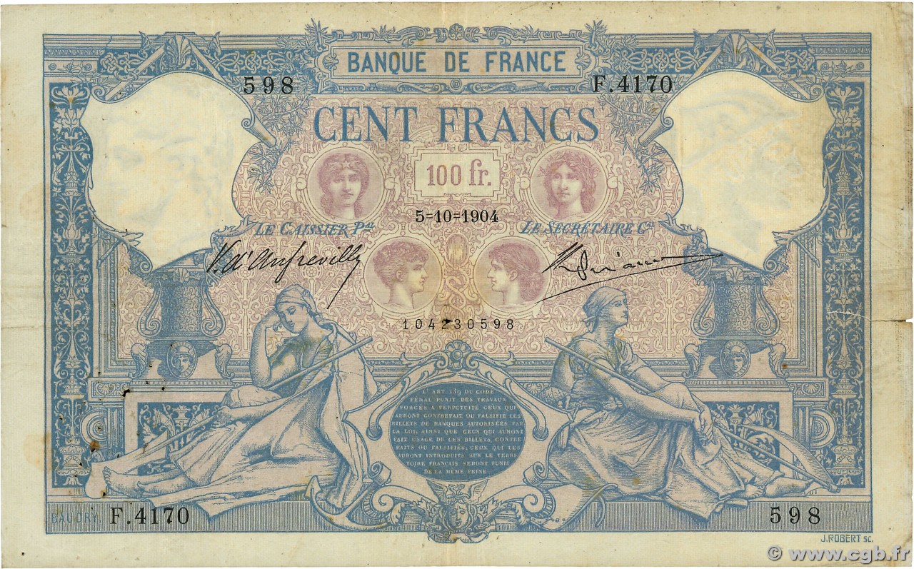 100 Francs BLEU ET ROSE FRANCIA  1904 F.21.18 q.MB