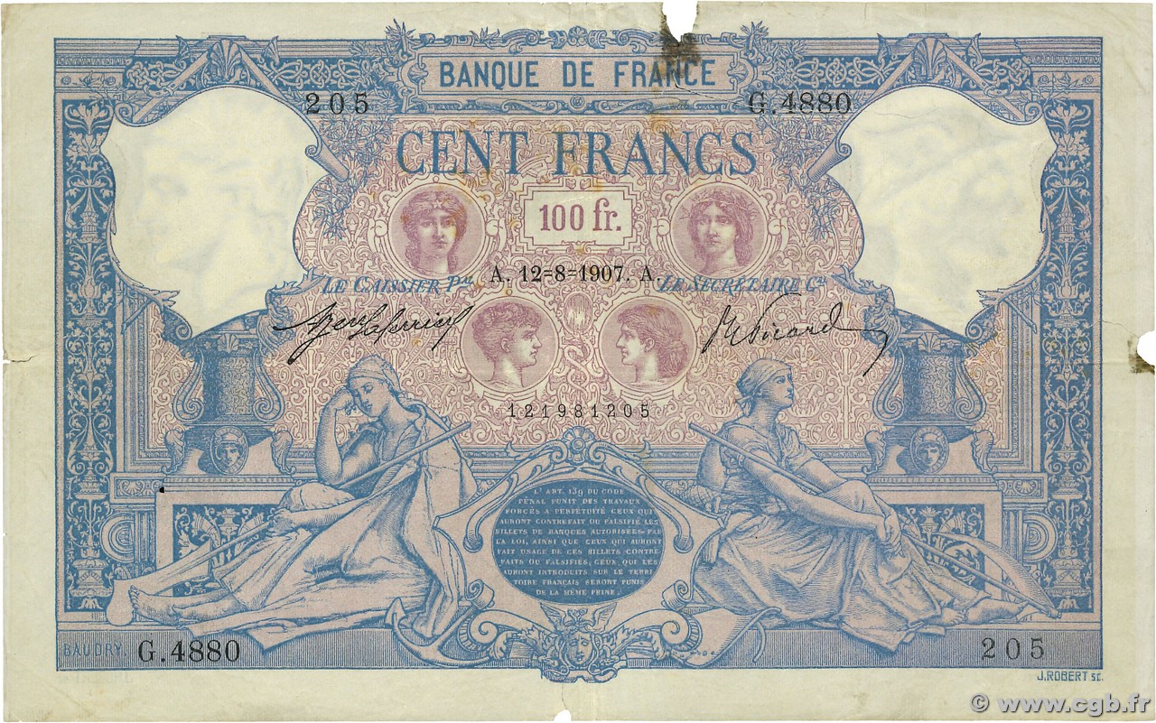 100 Francs BLEU ET ROSE FRANCIA  1907 F.21.22 q.MB