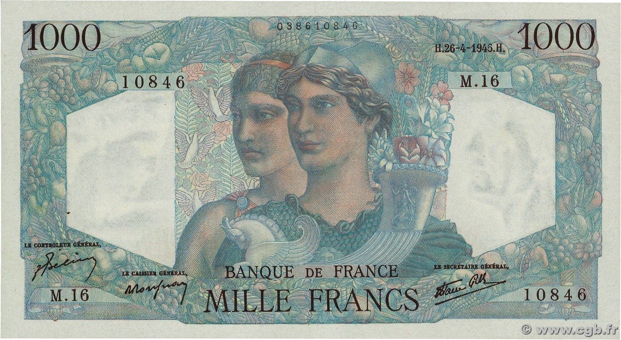 1000 Francs MINERVE ET HERCULE FRANCE  1945 F.41.02 SUP