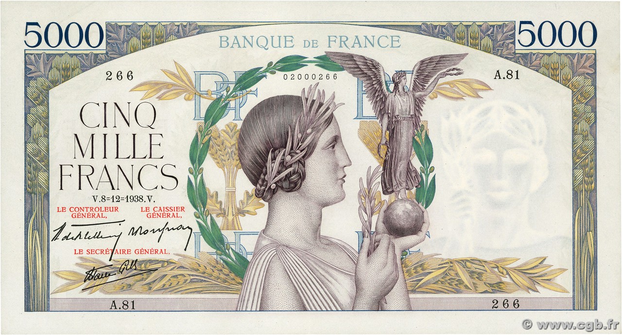5000 Francs VICTOIRE Impression à plat FRANCE  1938 F.46.01 XF