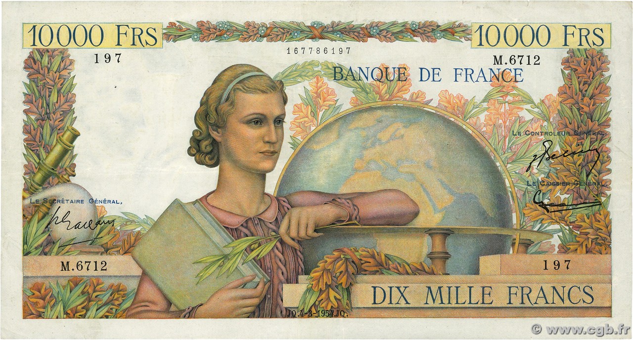 10000 Francs GÉNIE FRANÇAIS FRANCIA  1954 F.50.70 BC+