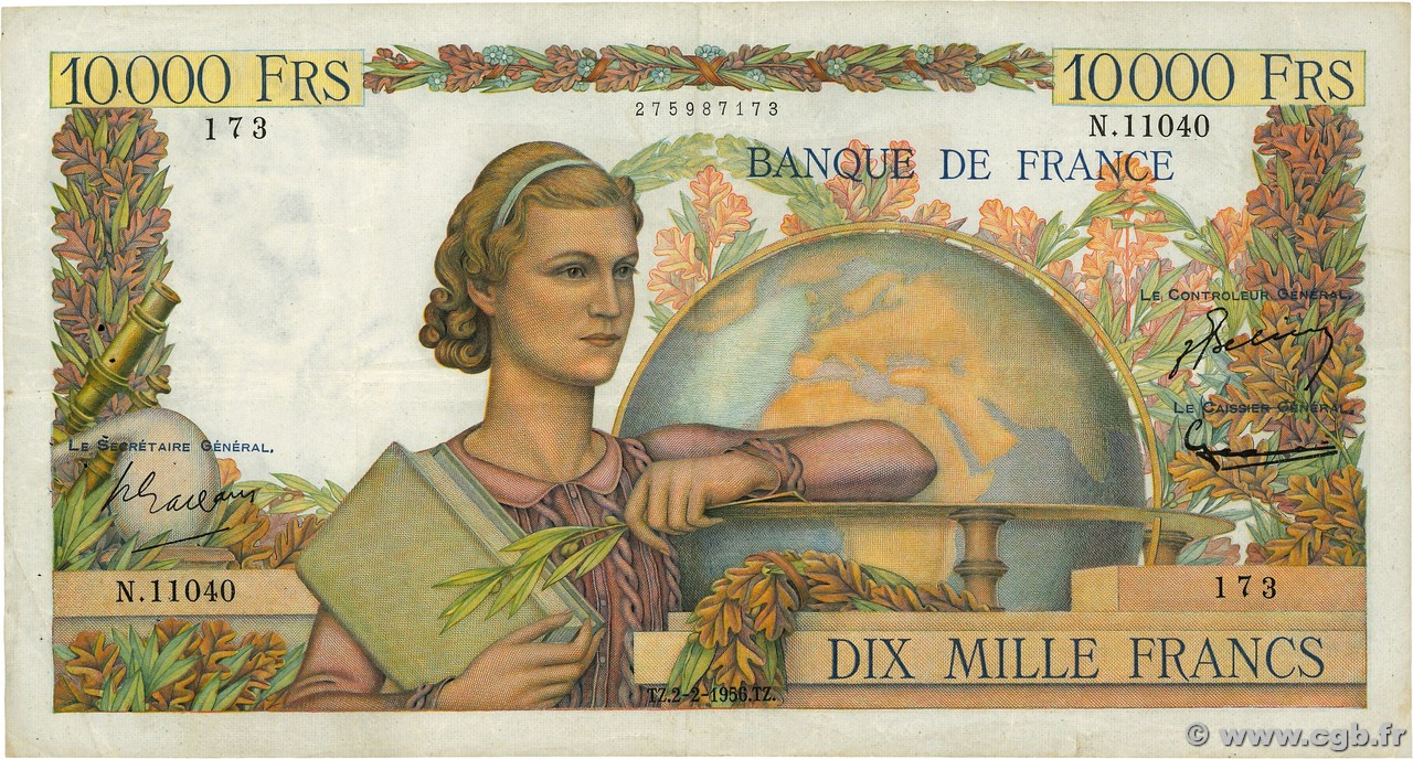 10000 Francs GÉNIE FRANÇAIS FRANCIA  1956 F.50.79 BC+