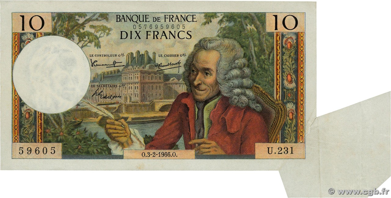 10 Francs VOLTAIRE Fauté FRANCIA  1966 F.62.20 MBC+