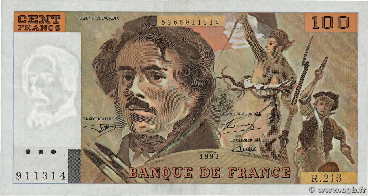 100 Francs DELACROIX imprimé en continu FRANCE  1993 F.69bis.06b215 SUP