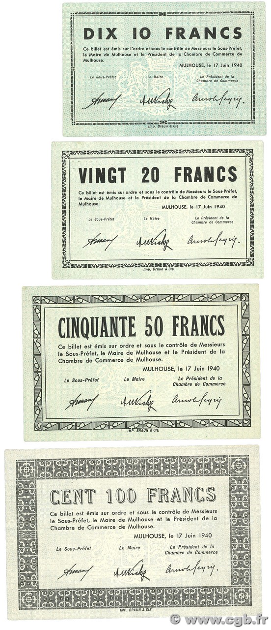 10 à 100 Francs Lot FRANCE Regionalismus und verschiedenen Mulhouse 1940 BU.50 à 53 fST+