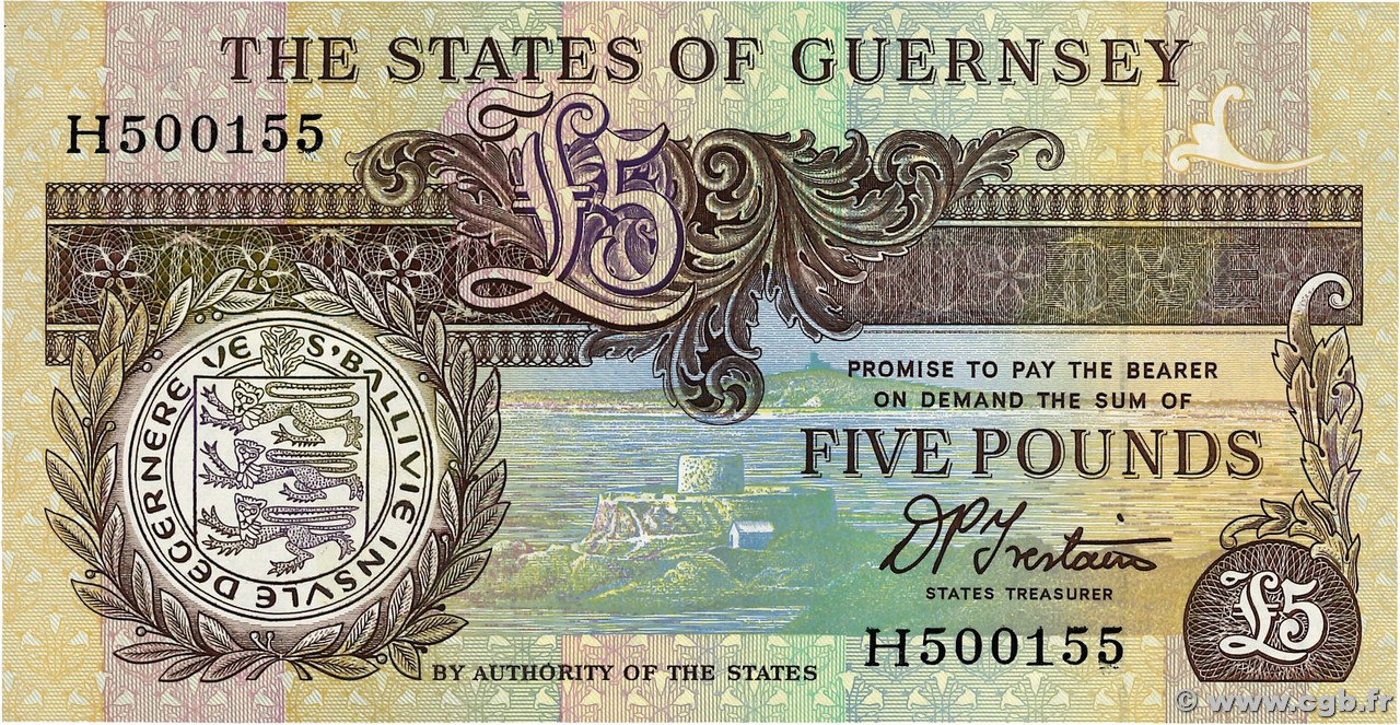 5 Pounds Petit numéro GUERNSEY  1990 P.53b FDC
