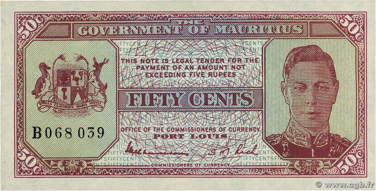 50 Cents ÎLE MAURICE  1940 P.25c pr.NEUF