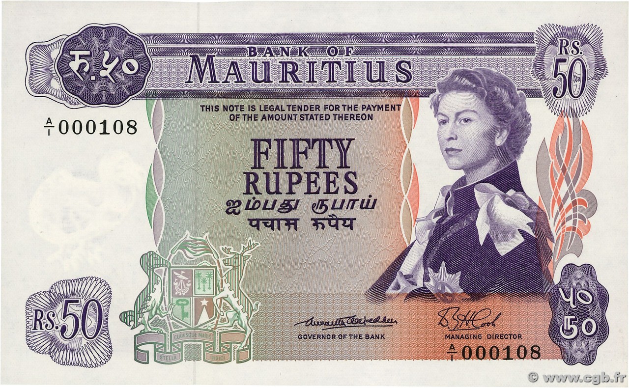 50 Rupees Petit numéro MAURITIUS  1967 P.33a AU+